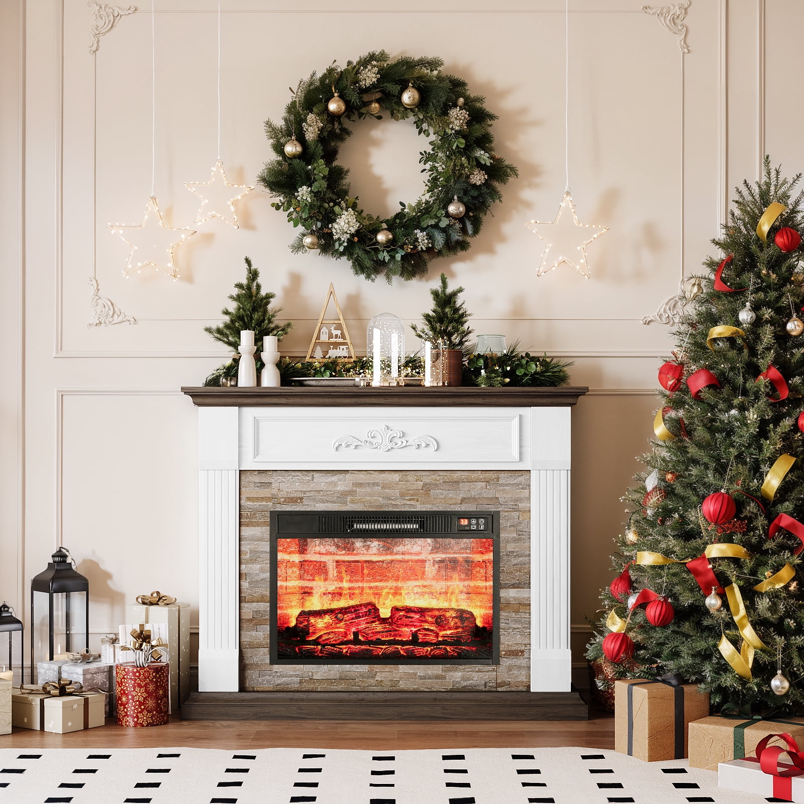 44"L Fireplace Mantel with 23" Electric Fireplace, Wooden Free Standing Fireplace, with Remote Control, Adjustable LED Flame
