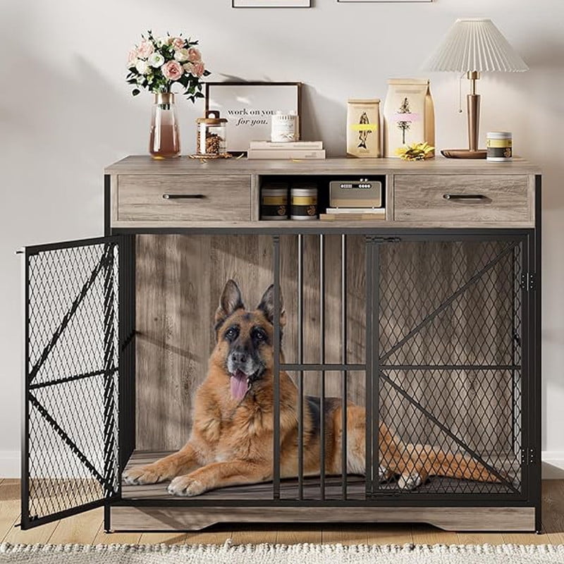 44" Large Dog Crate Furniture, Wooden Heavy Duty Dog Kennel Indoor End Table with Storage Drawers,Metal XL Dog Cage for Large/Medium Dogs, Brown & Black