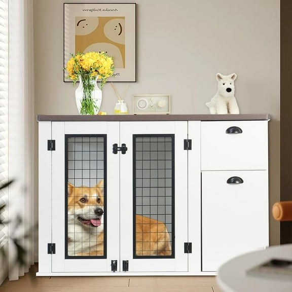 44" Large Dog Crate Furniture with Drawers & Side Cabinets, Heavy-Duty Wooden Kennel for Small/Medium Pets, Rustic White Indoor Pet Cage with Storage