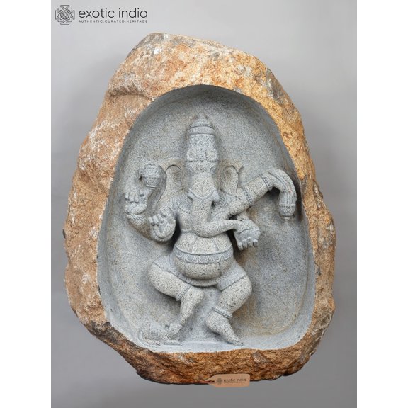 44" Large Handcarved Embossed Dancing Ganesha Idol | Granite Stone Sculpture | Shipped by Sea Overseas