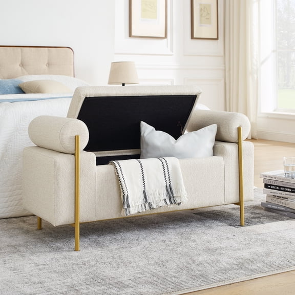 44" Linen Storage Bench with Cylindrical Arms, Upholstered Entryway Bench with Padded Seat, Luxurious End of Bed Bench, Shoe Changing Stool with Gold Metal Legs, for Hallway Living Room Bedroom