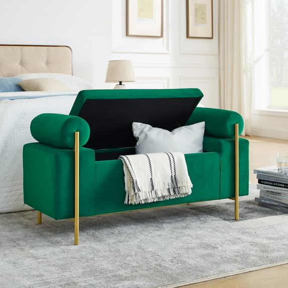 44" Linen Storage Bench with Cylindrical Arms, Upholstered Entryway Bench with Padded Seat, Luxurious End of Bed Bench, Shoe Changing Stool with Gold Metal Legs, for Hallway Living Room Bedroom