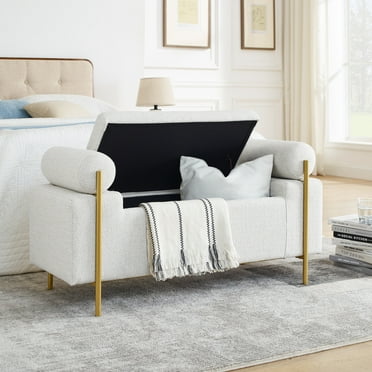 44" Linen Storage Bench with Cylindrical Arms, Upholstered Entryway Bench with Padded Seat, Luxurious End of Bed Bench, Shoe Changing Stool with Gold Metal Legs, for Hallway Living Room Bedroom