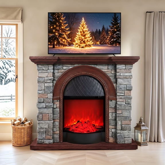 44" MGO Electric Fireplace with Mantel, Brick-Look Design,Grey