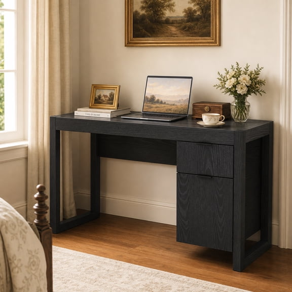 44" Modern Computer Desk with Cabinet and Drawer, Writing Workstation for Home OfficeBlack