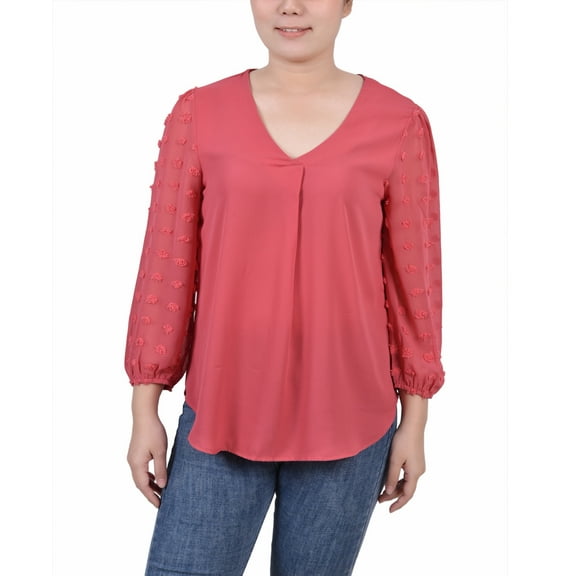 $44 Ny Collection Petite V-Neck Blouse With 3/4 Jacquard Chiffon Sleeves Purple