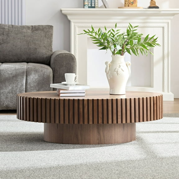 44" Oak Wood Coffee Table, Handcraft Drum Fluted Accent Table, Contemporary Center Table with Sturdy Pedestal for Living Room, Walnut