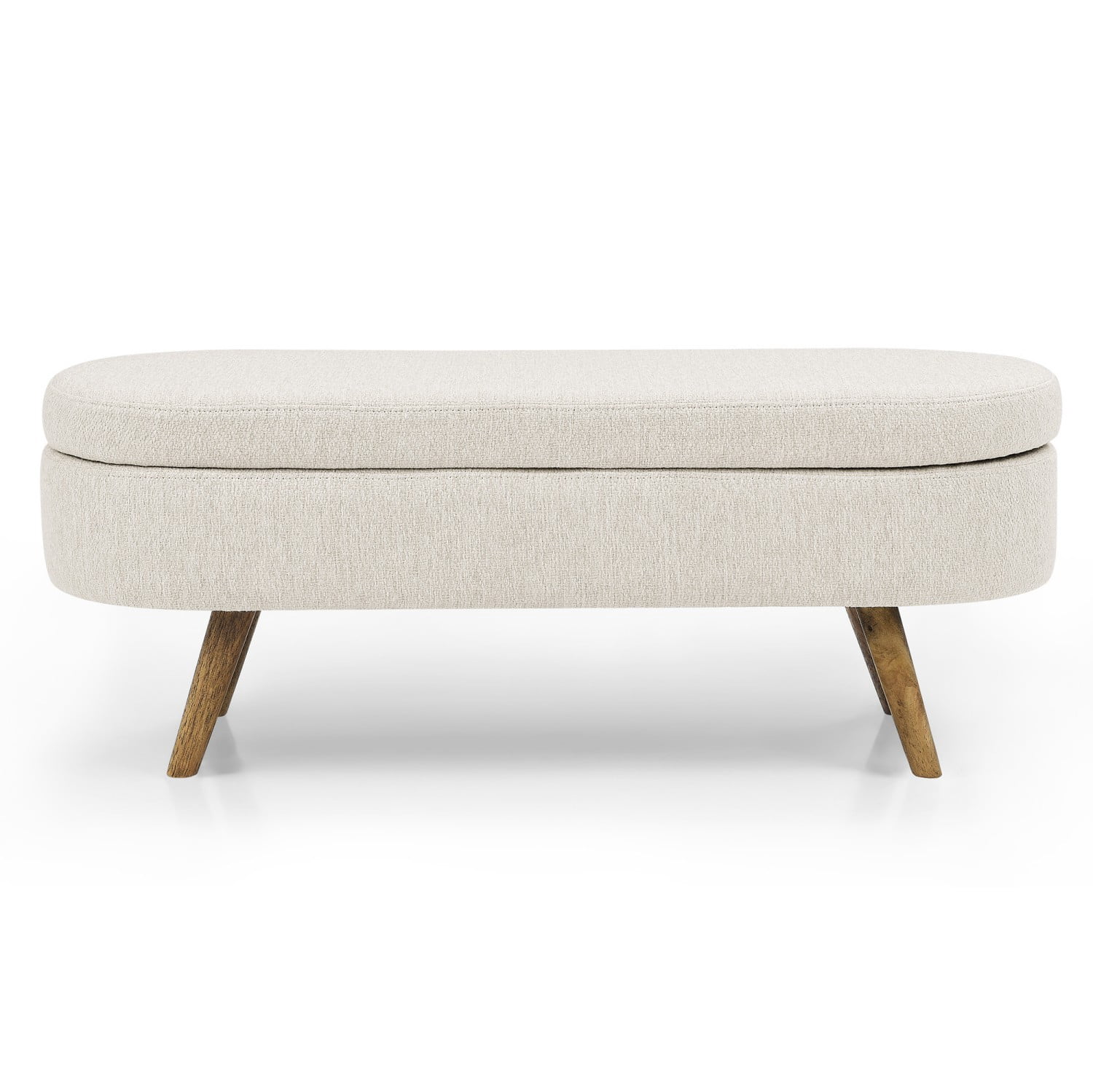 44" Oval Storage Ottoman Bench with Hidden Storage, Upholstered Fabric Ottoman Bench with Rubber Wood Legs for Bedroom, Entryway, Living Room, Beige
