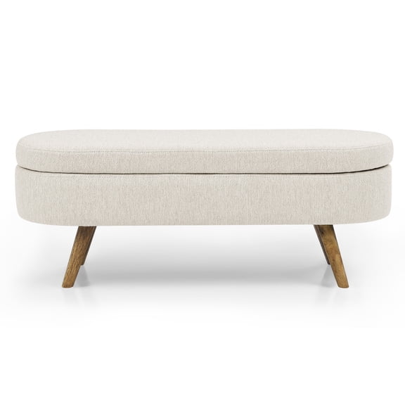 44" Oval Storage Ottoman Bench with Hidden Storage, Upholstered Fabric Ottoman Bench with Rubber Wood Legs for Bedroom, Entryway, Living Room, Beige