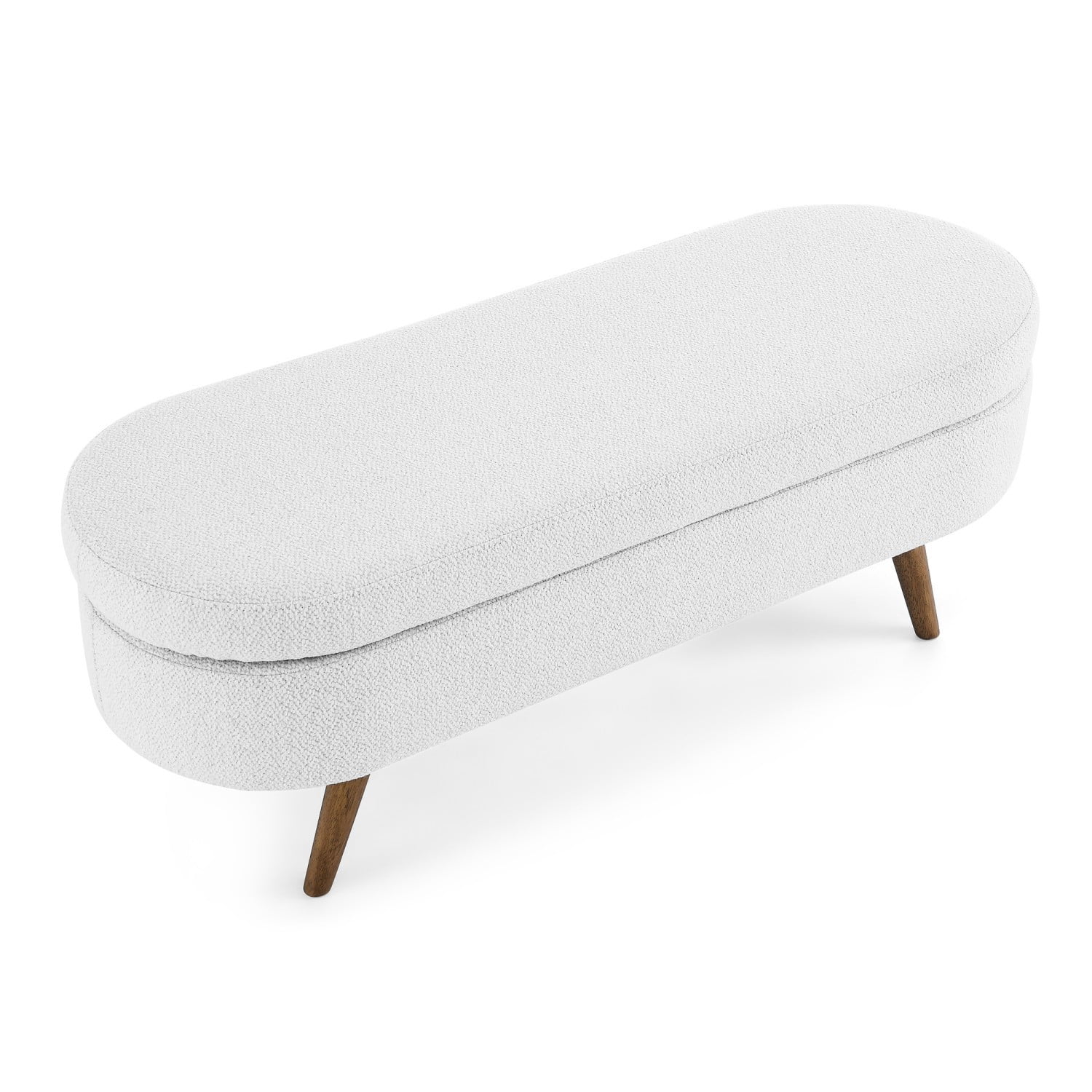 44" Oval Storage Ottoman Bench with Hidden Storage, Upholstered Fabric Ottoman Bench with Rubber Wood Legs for Bedroom, Entryway, Living Room, White