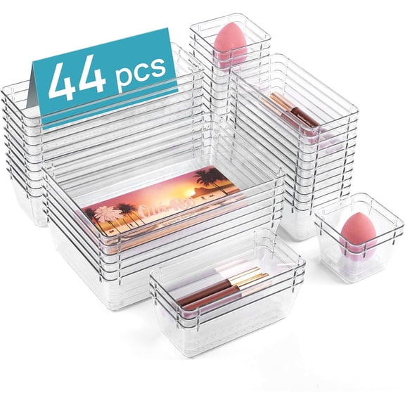 44 PCS Clear Plastic Drawer Organizers Set, 4-Size Versatile Bathroom and Vanity Organizer Trays, Non-Slip Storage Containers for Makeup, Jewelries, BedroomKitchen Utensils and Office