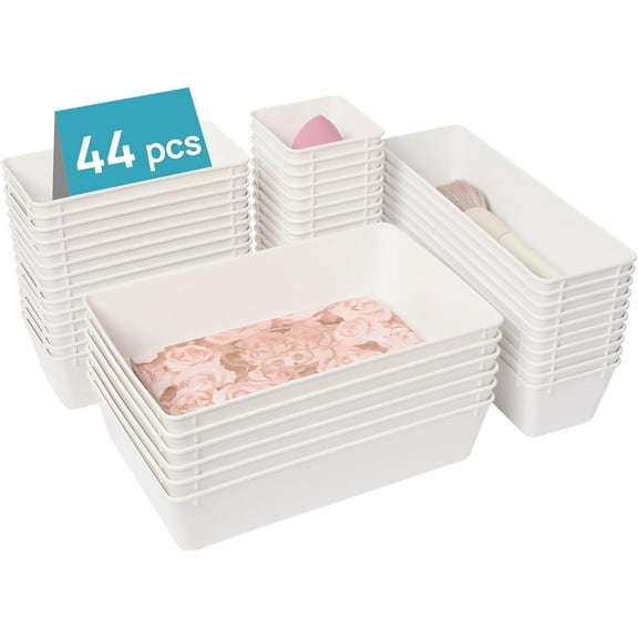44 PCS Plastic Drawer Organizers Set, 4-Size Versatile Bathroom and Vanity Organizer Trays, Non-Slip Storage Containers for Makeup, Jewelries, Bedroom，Kitchen Utensils and Office, White
