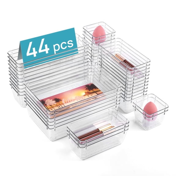 44 PCS Plastic Drawer Organizers Set, Vanity Organizer Trays, 4‑Size Versatile Makeup Organizer, Non‑Slip Storage Containers for Makeup, Jewelry, Bedroom, Kitchen Utensils and Office