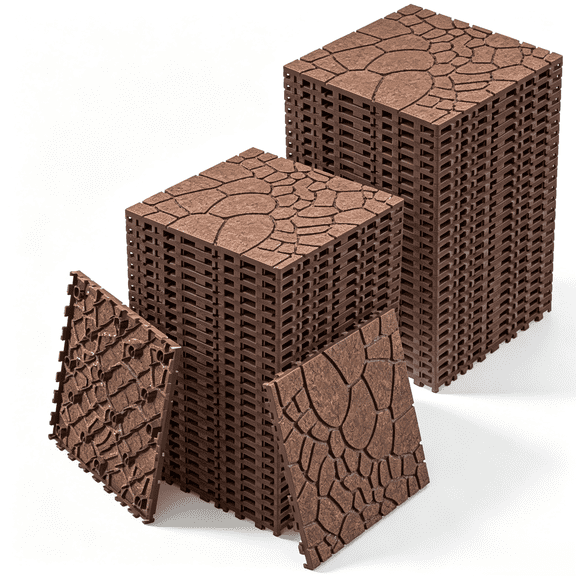 44 PCS Stone Texture 12" Patio Deck Tiles Brown DIY Interlocking Decking Floor Tiles Easy Quick Installation for Porch Poolside Balcony Backyard Indoor Outdoor