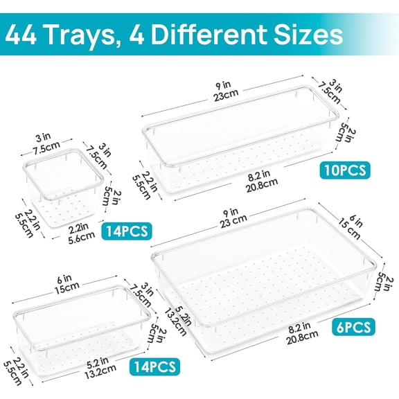 44-Pack 4-Size Clear Plastic Drawer Organizers - Non-Slip Trays for Bathroom, Vanity, Kitchen & Office Storage