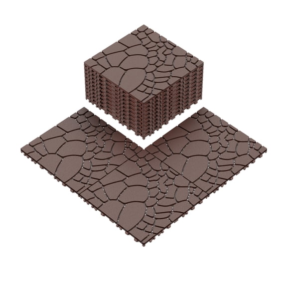 44-Pack Brown Stone-Textured Deck Tiles, 12"x12" Waterproof Patio Flooring