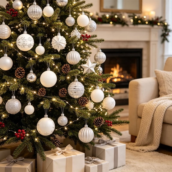 44 Pack Christmas Ball Ornaments,Silver White Shatterproof Plastic Xmas Tree Hanging Decorations for Wreath Window Mantel Holiday Decor,B