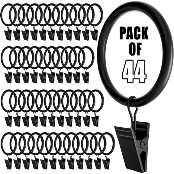 44 Pack Curtain Rings with Clips 1.5", Heavy Duty Drapery Clip,Tension Rods Hooks, Polish Black Curtain Hangers Hook for Home Decorative, 1.5" Rustproof Eyelet Fits up to 1.25" Curtain Rods