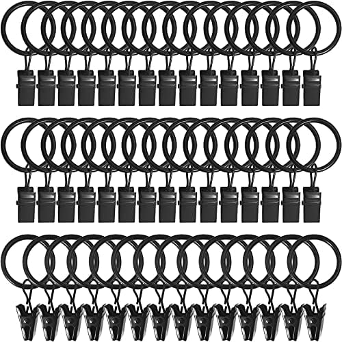 44 Pack Curtain Rings Hooks, Hanger Clips for Hanging Drapery Drapes Bows, 1 inch Interior Diameter, Fits up to 5/8" Rod, Black