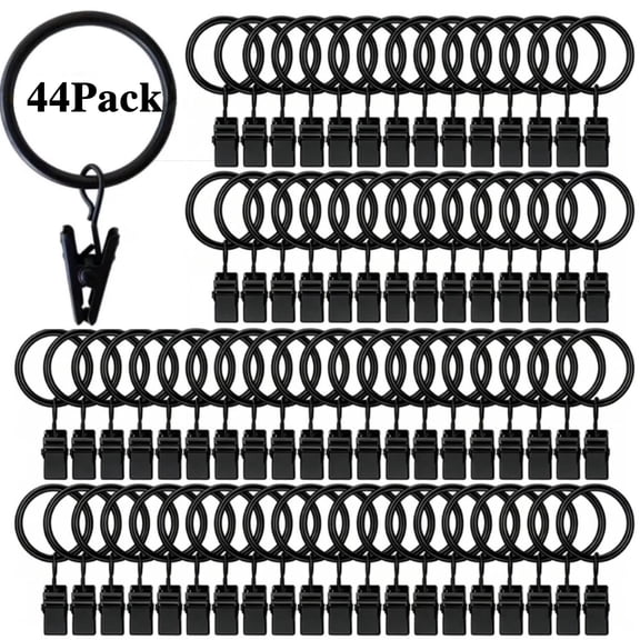 44 Pack Curtain Rings with Clips,Curtain Hooks,Drapery Clips with Rings, Drapes Rings 1.26 in Interior Diameter, Fits up to 1 in Curtain Rod, Black