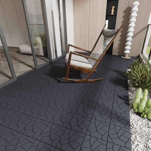 44 Pack Dark Gray Stone Style Interlocking Deck Tiles 12 Inch DIY PP Patio Floor Tiles Easy Install for Porch Poolside Balcony Backyard
