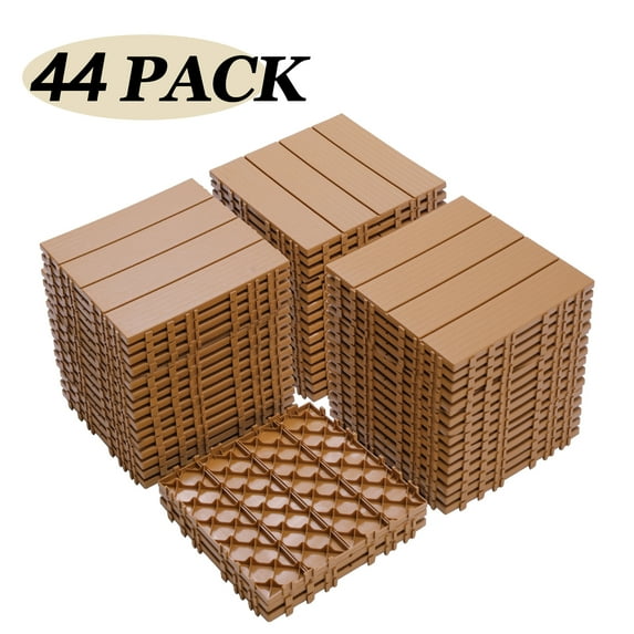 44 Pack Interlocking Deck Tiles, 12" x 12", Patio Flooring Outdoor Waterproof for Garden Poolside Front/Back Yard,Burly Wood
