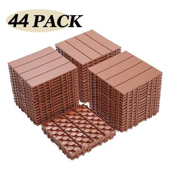 44 Pack Interlocking Deck Tiles, 12" x 12", Patio Flooring Outdoor Waterproof for Garden Poolside Front/Back Yard,Mahogany