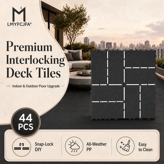 44-Pack Gray Interlocking Deck Tiles, 12 x 12 in Waterproof Plastic Snap-Lock Patio Flooring