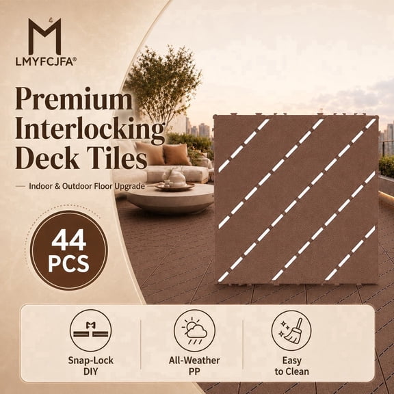 44-Pack Brown Interlocking Deck Tiles, 12 x 12 in Waterproof Plastic Snap-Lock Patio Flooring