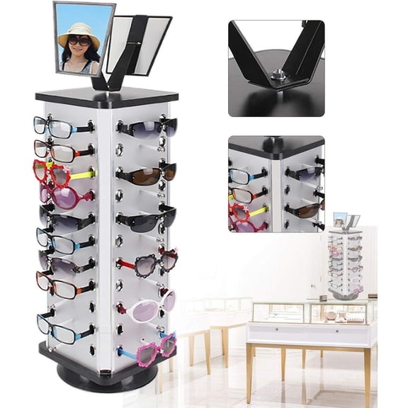 44 Pairs Glasses Display Stand 360 Rotating Sunglasses Organizer Holder W/ Mirror Eyeglass Hanging Hook Rack for Home Commercial Store Vanity Decor Exhibition Collection
