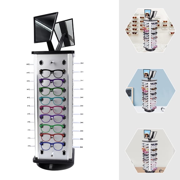 44 Pairs Glasses Rack Holder Sunglasses Display Stand Organizer 360 Rotating Sunglass Rack Holder W/ Mirror for Home, Glasses Shop , Exhibition Display