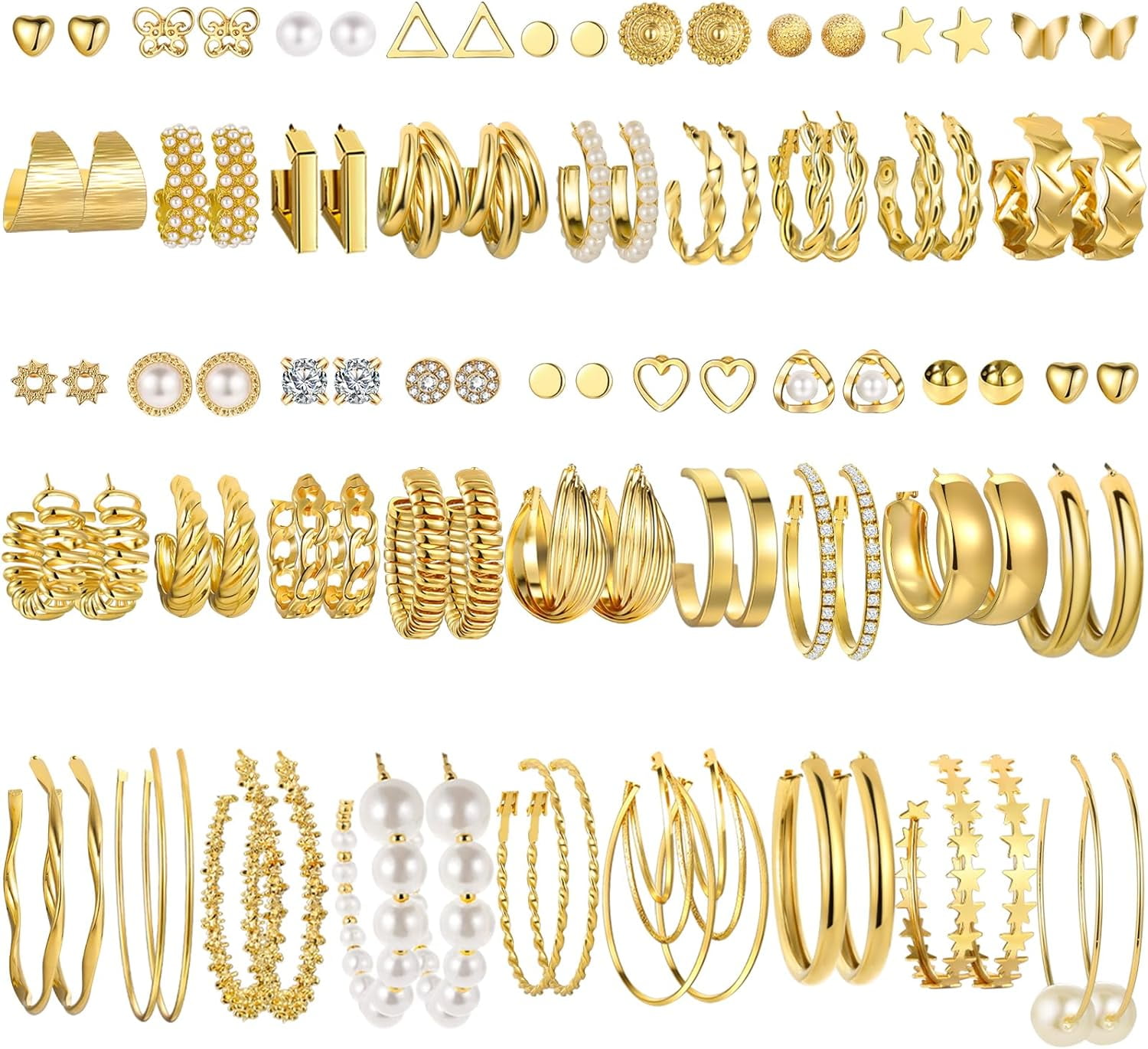 UMECOM 44 Pairs Gold Hoop Earrings Set For Women Multipack, Fashion Dangle Heart Statement Pearl Earrings Pack, Hypoallergenic Chunky Hoops Jewelry For Birthday Party Gift[Z606]