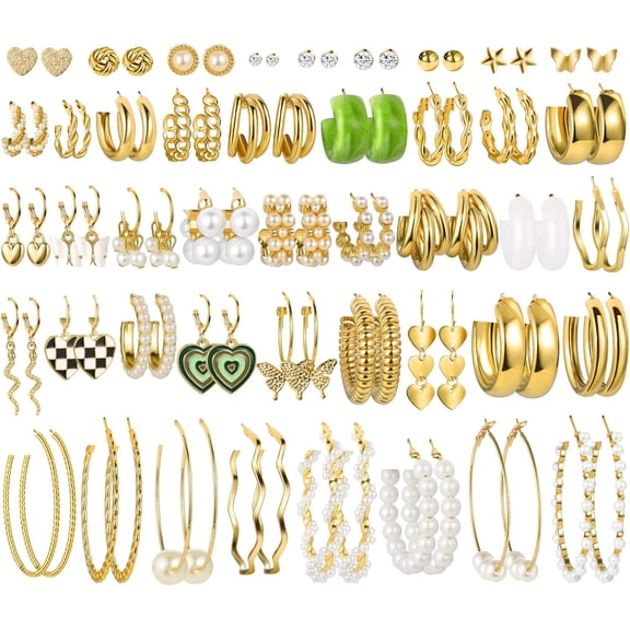 44 Pairs Gold Hoop Earrings Set For Women Multipack, Fashion Dangle Heart Statement Pearl Earrings Pack, Hypoallergenic Chunky Hoops Jewelry For Birthday Party Gift[Z604]
