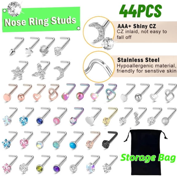 44 Pcs 18G 20G Nose Rings Studs Nose Rings for Women Nose Piercings Jewelry Surgical Stainless Steel Nose Studs Moon Star Heart Butterfly Hypoallergenic Body Piercing Jewelry for Women Men