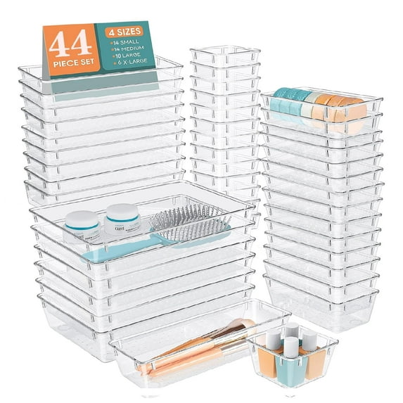 44 Pcs Clear Plastic Drawer Organizer Set, 4 Sizes Desk Drawer Divider Organizers and Storage Bins for Makeup, Jewelry, Gadgets for Kitchen, Bedroom, Bathroom, Office