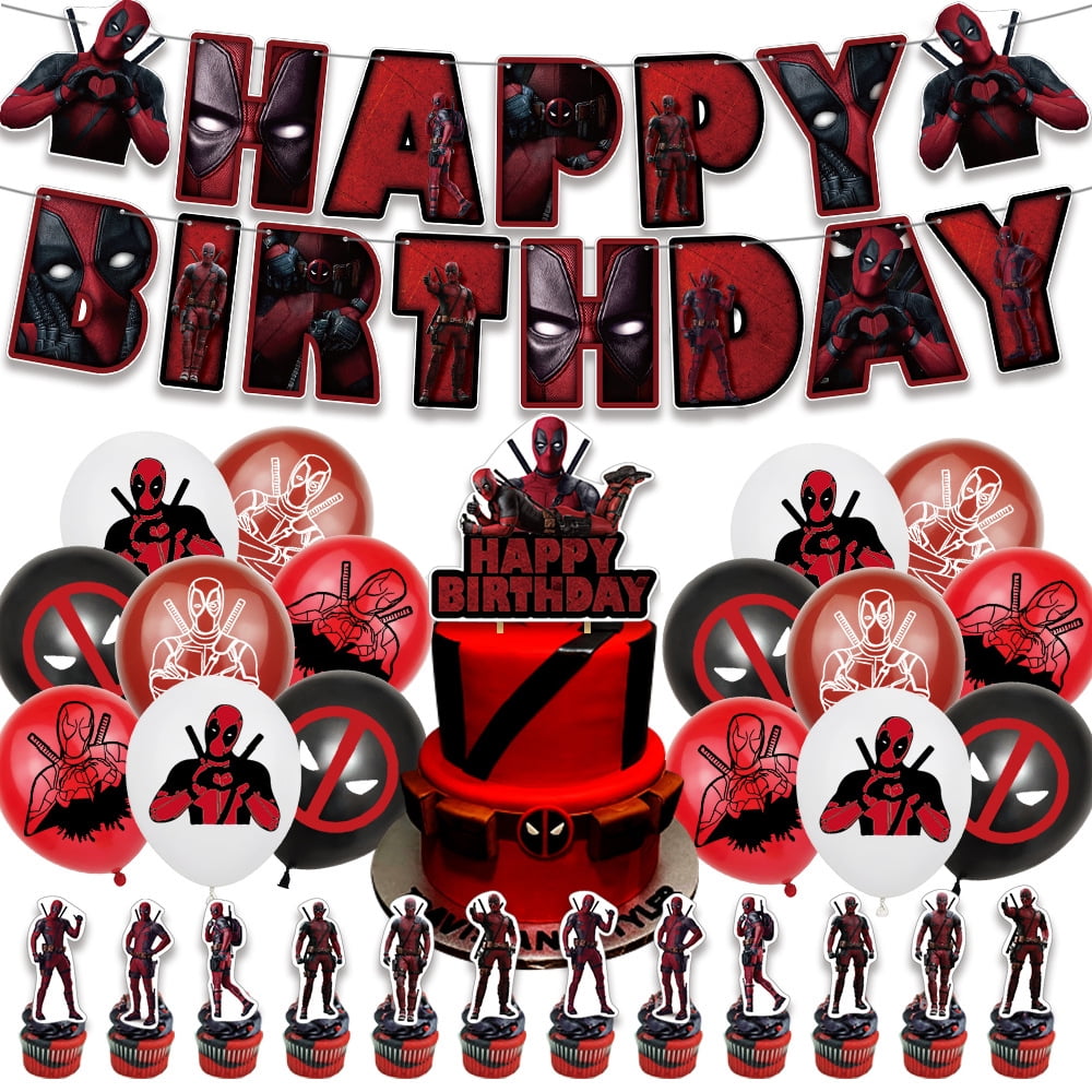 44 Pcs Deadpool Birthday Decorations, Superhero Deadpool Birthday Party Supplies Include Banner, Cake Topper, Cupcake Toppers, Balloons for Kids