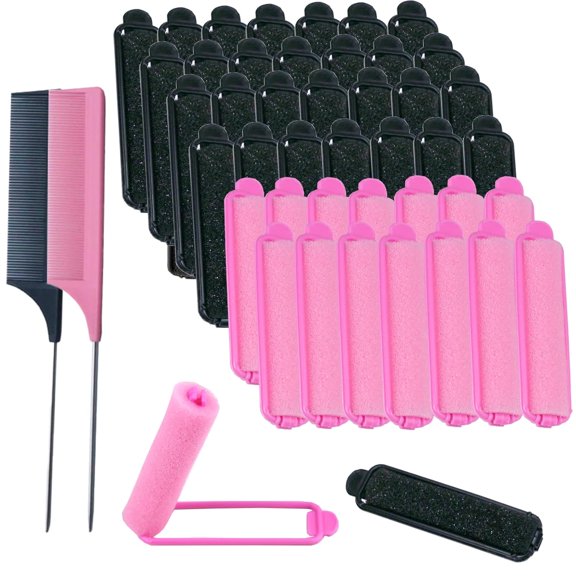44 Pcs Foam Sponge Set 0.59 Inch Flexible Hair Styling Curler Soft Sleeping Curlers an Stainless Steel Rat Tail Comb Pintail for Hairressing Styling(Black, Pink)