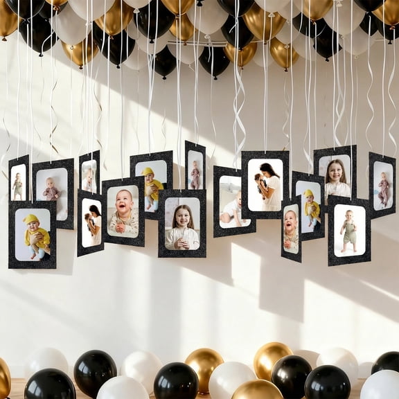 44-Pcs Happy Birthday Decorations,4 x 6 & 5x 7 In Photo Frame Ornament Set | DIY Party Set with Balloons & Ribbons | Perfect Decorations for 1st Birthday, Graduation & Valentine's Day(Black)