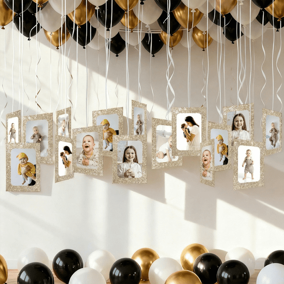 44-Pcs Happy Birthday Decorations,4 x 6 & 5x 7 In Photo Frame Ornament Set | DIY Party Set with Balloons & Ribbons | Perfect Decorations for 1st Birthday, Graduation & Valentine's Day(Black)