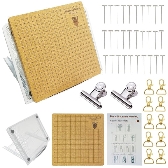 44 Pcs Macrame Board Set, Kvago Metal Adjustable Holder with 30 T Shaped Pins, Double Sided Gridss, Macrame Tools and Supplies for Bracelet Creating, Knotting Creations (7x7 inch)