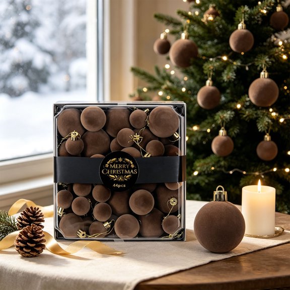 44 Pcs Modern Elegant Flocking Christmas Balls Box Set, Soft Touch Shatterproof Flocked Christmas Balls Hanging Decorations with 3 Assorted Sizes Mixed Set for Xmas Tree Home Holiday Festive Decor