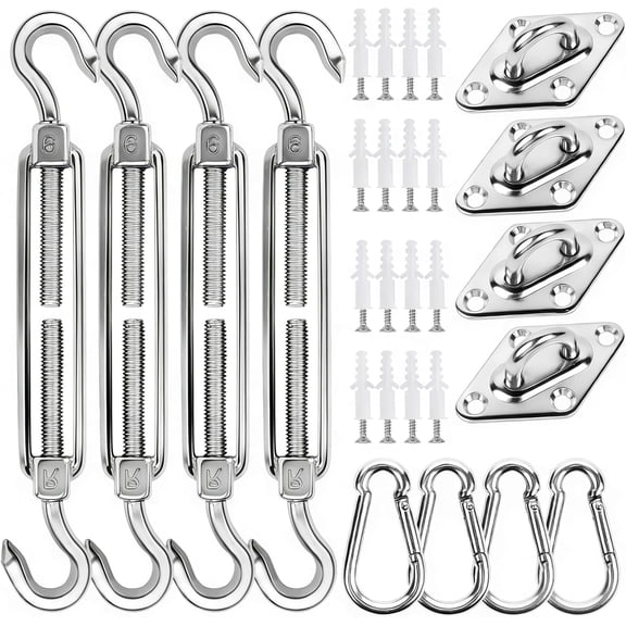 44 Pcs Shade Sail Hardware Kit, 6 Inch Outdoor Sun Sail Accessories, 304 Stainless Steel Turnbuckles & Brackets for Triangle/Rectangle Sails, Patio Canopy Installation Hardware Set Waterproof