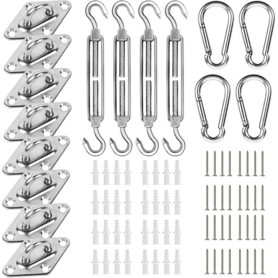 44 Pcs Stainless Steel Shade Sail Hardware Kit Triangle Rectangle Installation Set With Wire Rope Turnbuckles Snap Hooks Pad Eyelets Mounting Accessories D