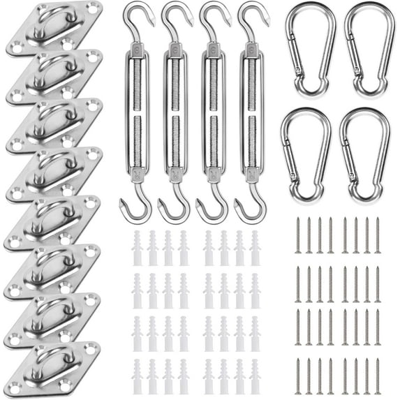 44 Pcs Stainless Steel Shade Sail Hardware Kit Triangle Rectangle Installation Set With Wire Rope Turnbuckles Snap Hooks Pad Eyelets Mounting Accessories D