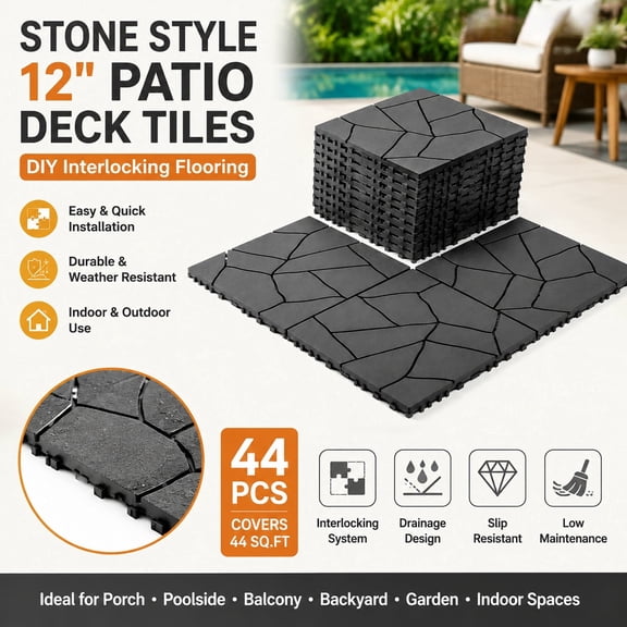 44-Piece Interlocking Deck Tiles 12 x 12 Inch Stone-Effect Dark Gray Outdoor Decking Flooring System Modular Snap-Together Patio Tiles for Backyard Balcony Poolside Garden, 44 Sq Ft Coverage