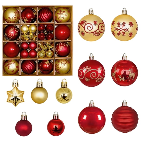 44-Piece Christmas Ball Ornaments Set, Red and Gold Shatterproof Christmas Tree Balls Decorations, Assorted Sizes Hanging Baubles with Star Ornaments for Xmas Tree Holiday Party Decor