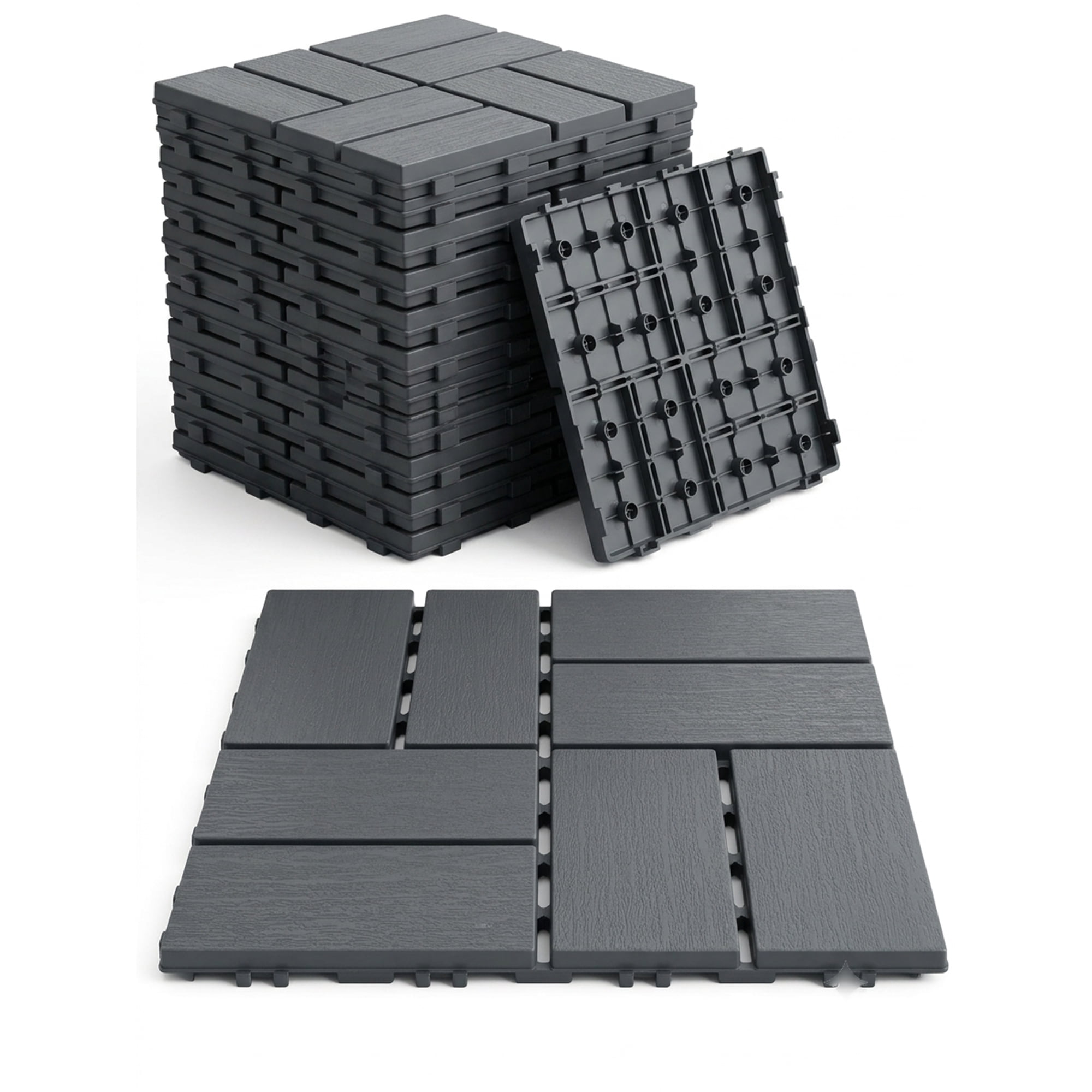 44-Piece Interlocking Deck Tiles, 12"x12", PP Material, Snap-In Installation, Hollow Drainage Base