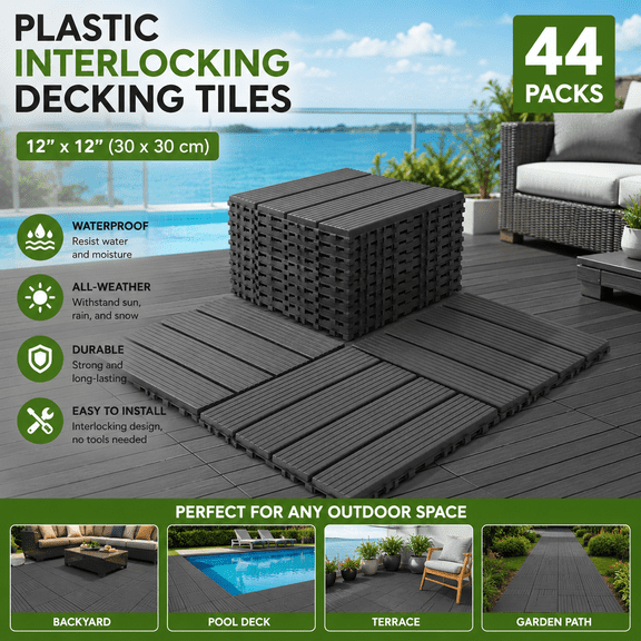 44-Piece Outdoor Raised Decking System 12 x 12 Inch Dark Gray Modular Drainage Flooring Tiles, Interlocking Anti-Slip Patio Platform for Backyard, Poolside, Balcony, Garden