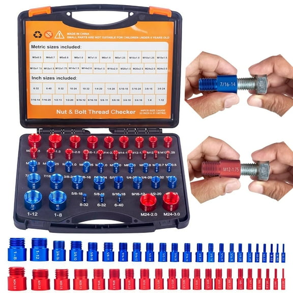 44-Piece SAE/Metric Nut & Bolt Thread Checker Kit,Portable Gauge Set with Storage Case for Auto Repair, Plumbing & DIY
