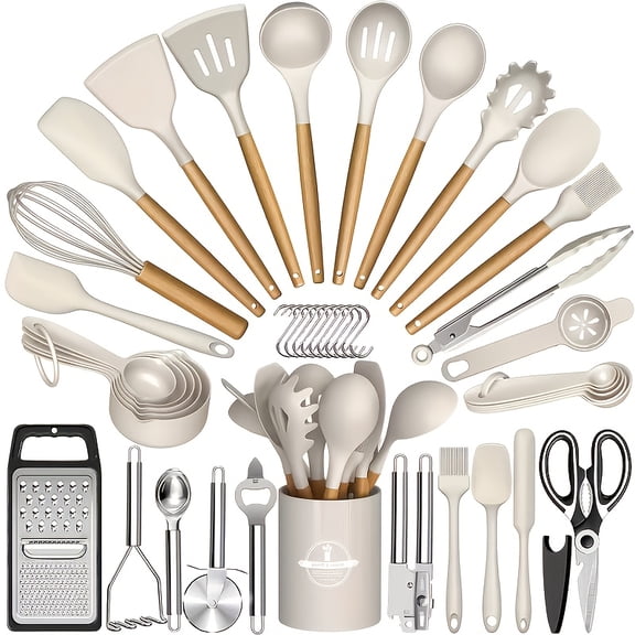 44-Piece Silicone Cooking Utensils Set with Storage Holder, BPA-Free Nonstick Kitchen Tools, Stainless Steel Handle, Black Gadgets for Pots, Pans & All Cookware